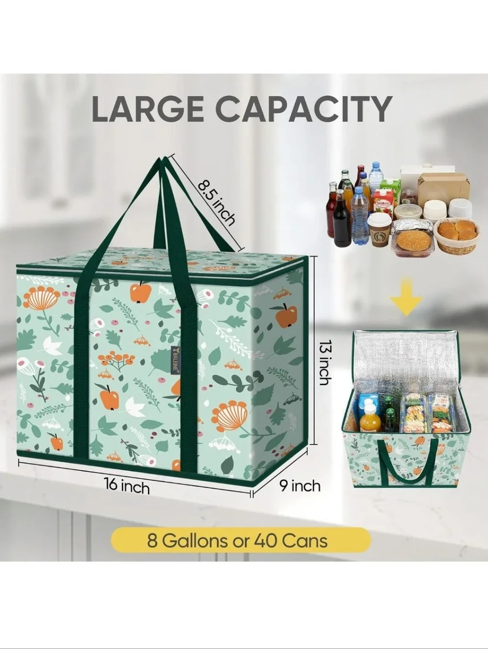 Insulated Floral Print Storage Tote Bag - Green